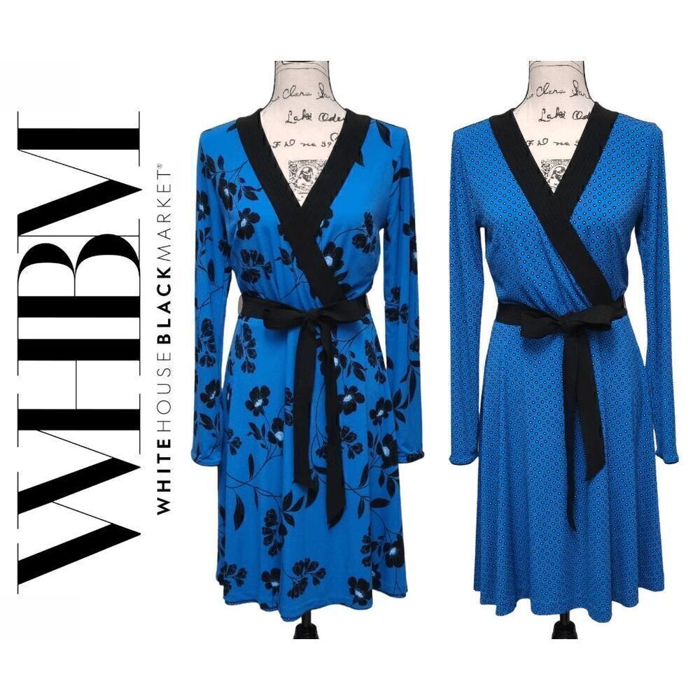 💙 WHITE HOUSE BLACK MARKET Long Sleeve Reversible Blue Matte Jersey Dress M